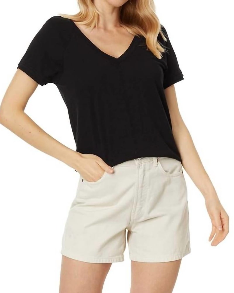 Front of a model wearing a size L Rib Mix Tee in Black in Black by bobi. | dia_product_style_image_id:327016